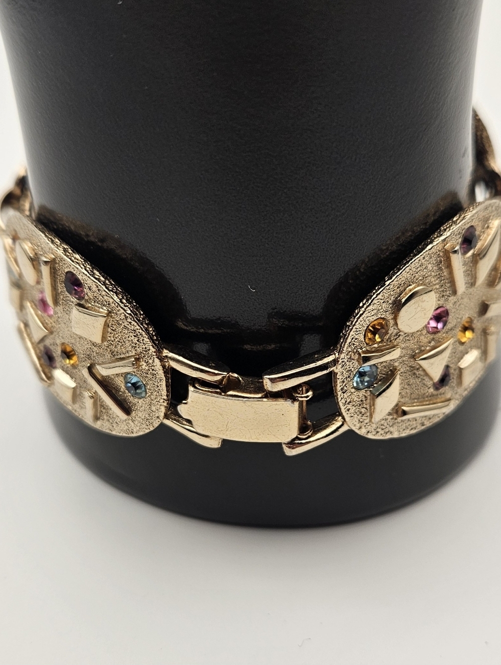 Vintage Sarah Coventry Gold Tone Multi Color Rhinestone Abstract Link Bracelet - Picture 4 of 8